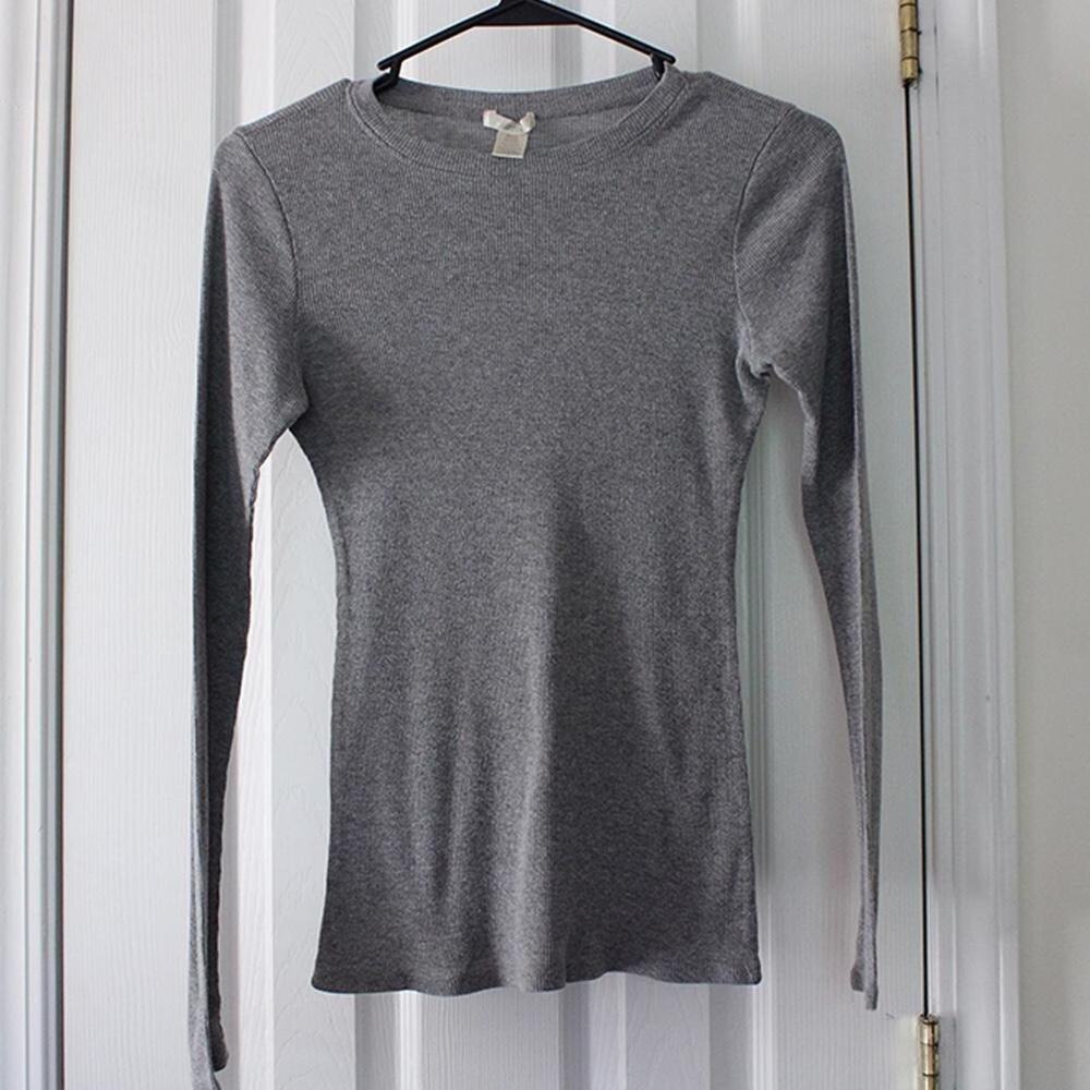 Gray Y2K Stretchy Ribbed Long sleeve top - Picture 2 of 6